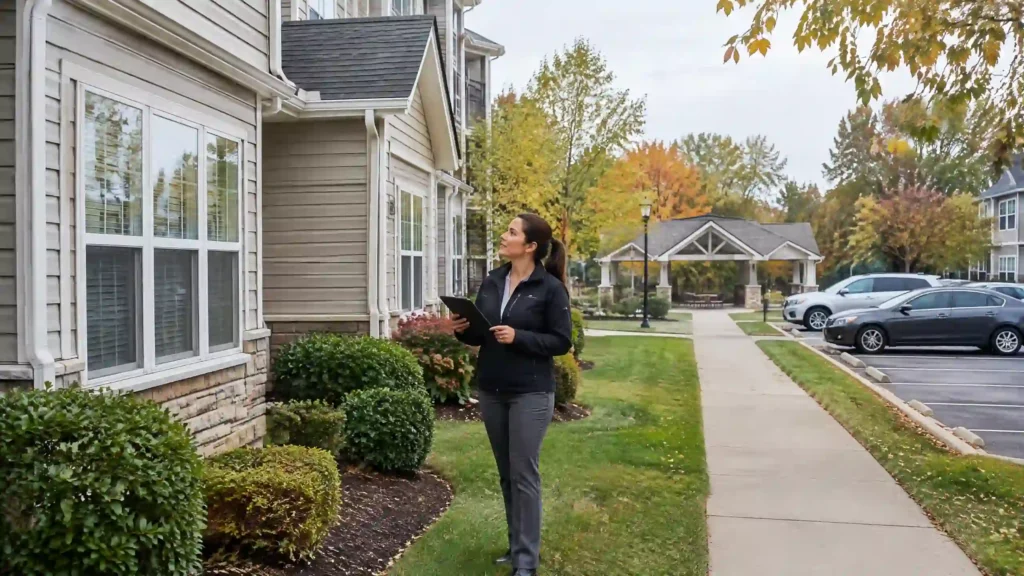 Property manager inspecting community assets for long-term HOA reserve planning in Livonia, MI.